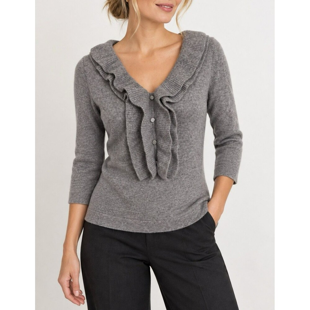 Neiman Marcus Gray 100% Cashmere Sweater Ruffle Neck Medium Romantic Coquette